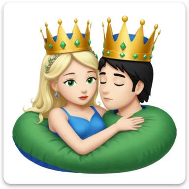 Blonde Queen with crown, Green eyes, naked, kissing man, naked, no crown, black hair, blue eyes, whole Body, Background Green pillow sticker