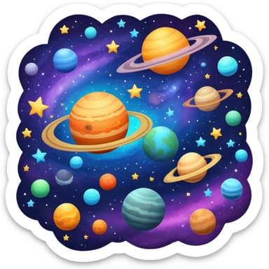 A cosmic scene with stars, planets, and galaxy sticker