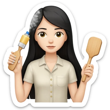 A white woman with long, straight black hair, wearing an ivory-colored shirt, holding a small square wooden paddle hairbrush in her left hand and spraying a hair mist bottle with her right hand toward her hair. sticker
