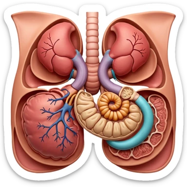 A highly detailed 3D anatomical model of the stomach of a human, including but not exclusive to the intestines, stomach, kidneys etc. Medical illustration style, realistic lighting, neutral background, hyper-detailed, scientific accuracy, 8K resolution sticker