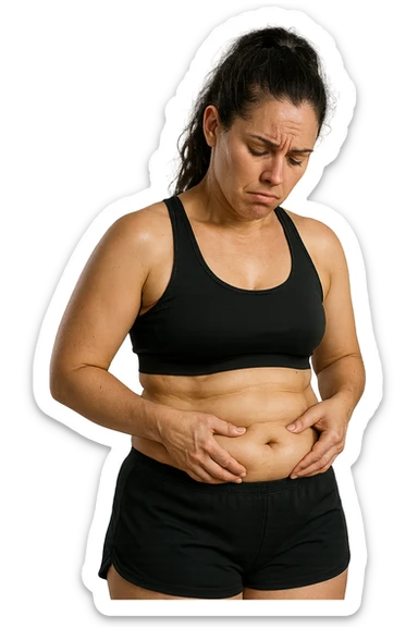 DONNA FITNESS CON GRASSO SULLA PANCIA, SI TOCCA LA PANCIA CON ESPRESSIONE TRISTE IN VOLTO, IPERREALISTICA 4K sticker