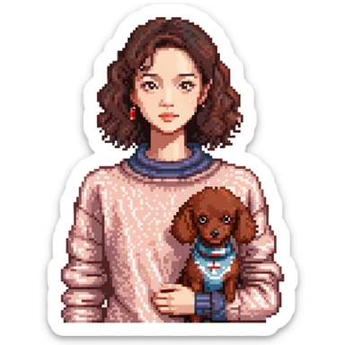 Asian woman with dark brown hair and eyes, in a knit jumper, with a small red poodle by her side sticker