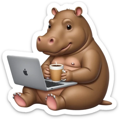 A cartoon hippopotamus who sits at a laptop and drinks coffee sticker
