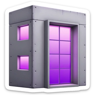 Minimalist gray concrete panel building with one window glowing bright purple from grow lights inside, simple rectangular structure sticker