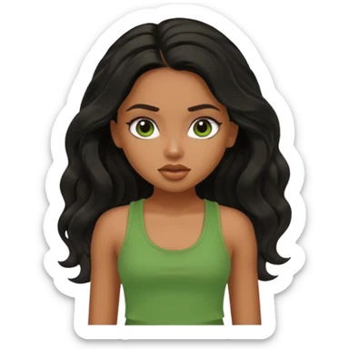 a pretty bratz brown girl with long wavy black color hair and green tank top on sticker