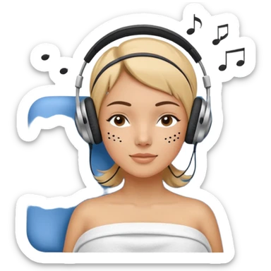 A stylized young woman lying on a massage table, relaxed, wearing headphones, small musical notes around the head. Flat vector style, thick black outline, simple palette (warm beige-brown tones + accent blue), clean background, high legibility at small size. 72x72, square, vector. sticker