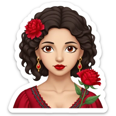 A Gypsy-origin woman with dark wavy hair, a single red carnation behind one ear, and a confident gaz sticker