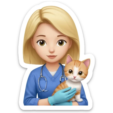 Young female vet – scrubs, gloves, examining kitten. sticker