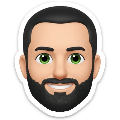 White man with short black hair and black beard with left eyebrow raised high with green eyes square jaw  and smiling sticker