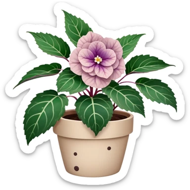 Begonia Rex plant in beige pot with only foliage, no flowers. Each leaf has dark green color, purple edges, white spots in middle, and clear spiral pattern at center where leaf grows sticker