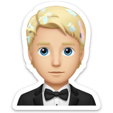 groom with blond hair and blue eyes wearing a tux sticker