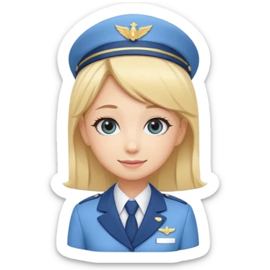 Cute emoji-style Japanese flight attendant, blonde hair, pastel blue airline uniform, kawaii cartoon style, big eyes, simple clean lineart, pastel colors, chibi proportions, friendly smile, sticker/emoji, transparent background sticker
