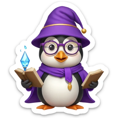 cute penguin wizard holding an open spellbook wearing glasses and a purple hat, emoji style sticker