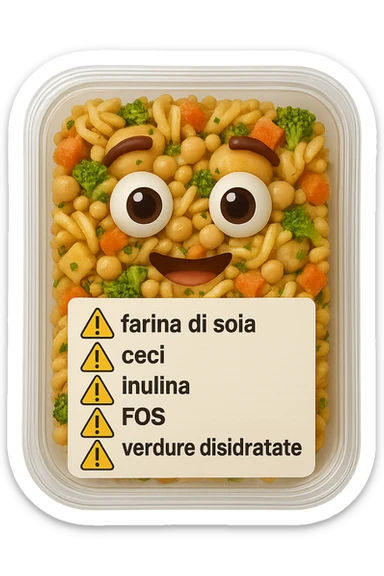 SU QUESTO STILE FAI UN EMOJI STILE IPHONE 3D DI UN insalata di pasta precotta preconfezionata con ETICHETTA CON GLI INGREDIENTI SCRITTI, "farina di soia, ceci, inulina, FOS, GOS, verdure disidratate" accanto ad ogni nome scritto mettici un segnale di allarme, FALLO MOLTO REALISTICO IN 3D sticker