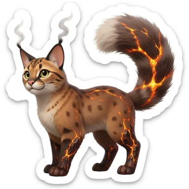 Hyper realistic  ember-rust copper fur molten with glowing magma seams and smoky tips beautiful elegant pretty precious cute  Fakémon-Pokémon-opossum-feline-serval-caracal-chinchilla-Furret-Minccino-hybrid-creature with a big fluffy bushy tail (full body) sticker