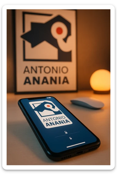 A photo of an iPhone on the desk with the logo of "Antonio Anania" on its screen, The phone sits atop a desk with a blurred with the logo in the background that suggests work environment. A faint glow from above casts gentle shadows across the surface of each object, creating depth and highlighting their textures sticker