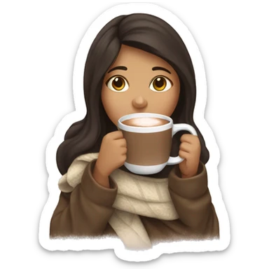 a brunette girl drinking hot chocolate with a blanket over her sticker