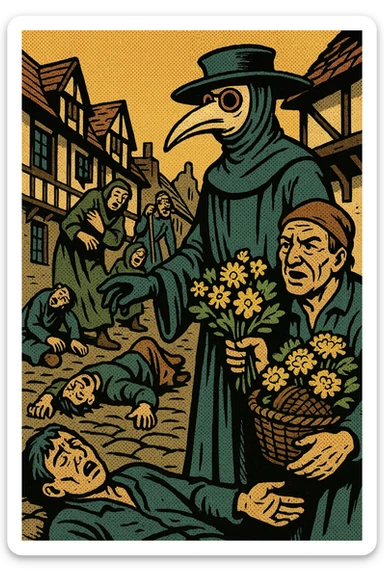 A street scene from a town in the 1600s in England with a plague doctor, several plague victims and an apothecary selling strong smelling flowers. This will show the Great Plague of 1665 sticker
