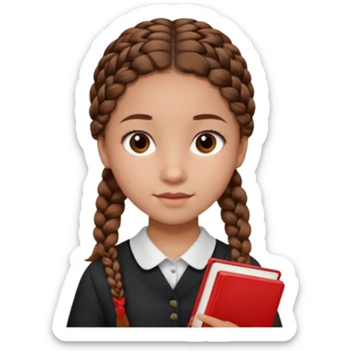 brown braid hair girl kid, student, black gile, red book sticker