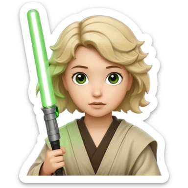 Young jedi with sandy blonde wavy short hair holding a green light saber, he has dark brown eyes sticker