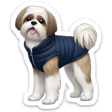 Side view standing Shih tzu in sleeveless navy blue puffer jacket sticker