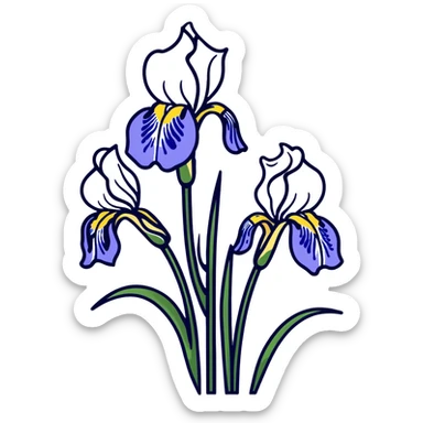 Elegant blue iris flower showing characteristic iris form with three drooping falls and three upright standards, with decorative long leaves sticker