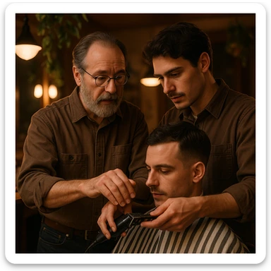 Inside a cozy barbershop with soft lighting, an experienced barber gently teaches his apprentice, guiding his hands as they cut hair together. The room is filled with warmth, plants hanging from the ceiling, and the hum of clippers sticker