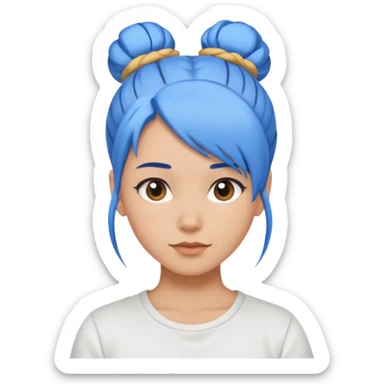 a woman with blue one bun hair, wearing white t-shirt sticker
