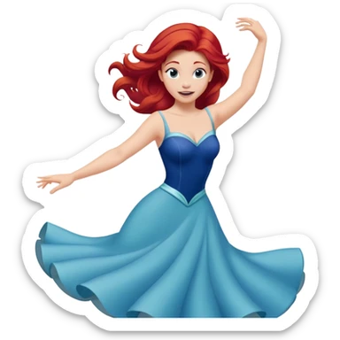 Disney human Ariel with red hair, twirling in her blue dress, excited expression sticker