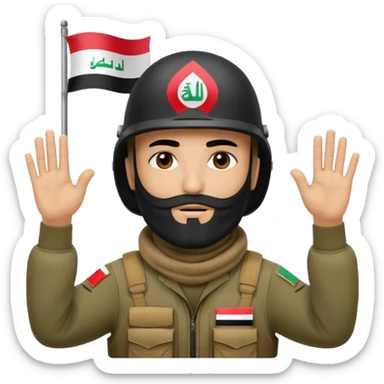 surrenders, depicts an Iraqi soldier from 1980, with a beard, in a helmet, a helmet with sign flag Iraq, with a balaclava, with sad eyes and both hands raised up sticker