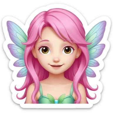 A tiny pastel fairy with pink long hair with glowing wings and a sweet smile  sticker