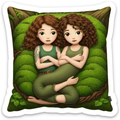 cozy moss bed — long wavy brown hair tattooed woman and short tight curly brown hair woman — curled together on moss pillow sleepy sticker