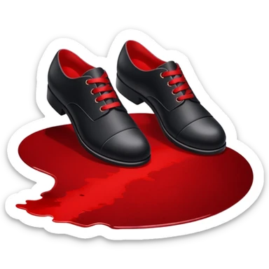 Minimalist emoji-style sticker of two black shoes standing on a red carpet that fades into a bloodstain. Flat, frontal design, simple icon composition. sticker