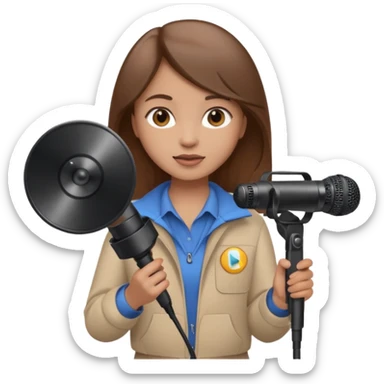 Brown-haired girl posing with video equipment sticker