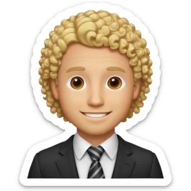man in his 30s, curly blonde hair, wearing a suit and tie, warm smile sticker