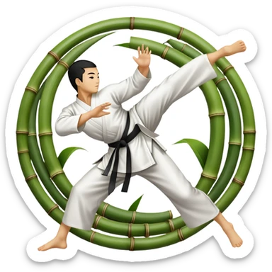 An icon symbolizing Eastern martial arts in the style of an emblem, featuring a black-and-white Yin-Yang symbol at the center. A martial artist performs a fluid kick, surrounded by traditional elements like bamboo and a dojo. Transparent background highlights balance and harmony. sticker