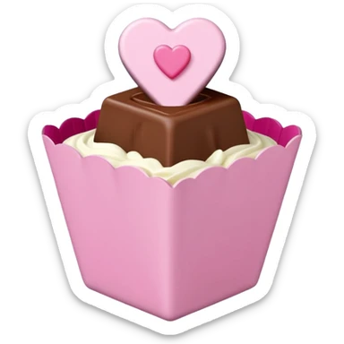 Two square milk chocolate , Each praline is a sharp-edged cube with smooth glossy chocolate coating, placed in a small white fluted paper candy cup. On top of each cube is a flat pastel pink heart-shaped icing sticker