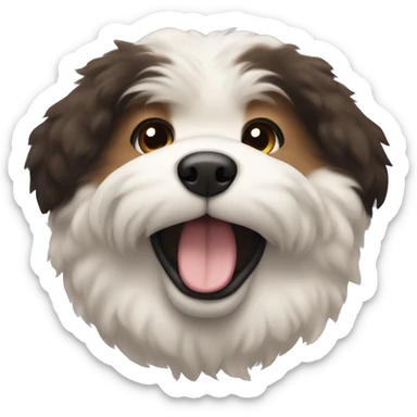 An emoji of a fluffy dog with a mix of black and brown fur, showcasing its thick coat and friendly expression sticker