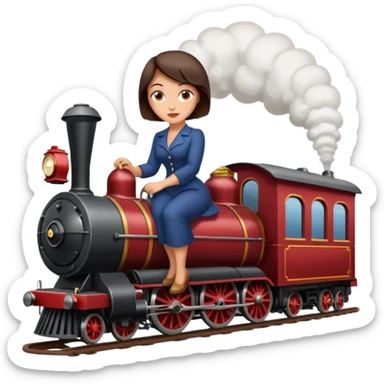 Pretty, sexy, slightly curvy white woman with short dark brown hair, riding a steam train sticker
