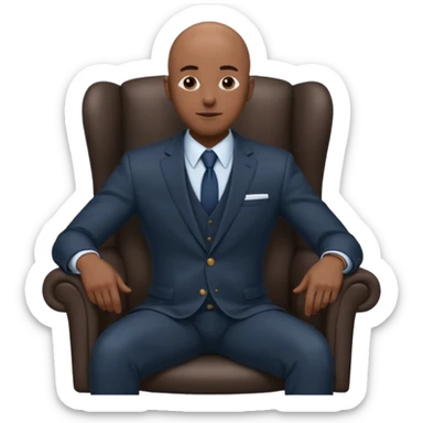 Black man, bald, in a suit, sitting on a chair in the office  sticker