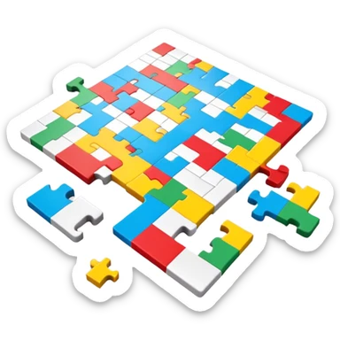 A photorealistic icon with a colorful, fragmented puzzle piece, a crossword magazine, a 3D puzzle, and a partially completed puzzle on a table. Bright, detailed design with realistic lighting. Transparent background, clearly symbolizing puzzles and brain games. sticker