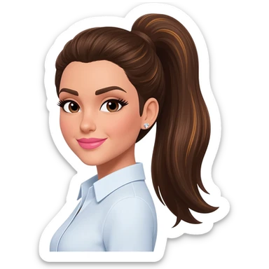 brunette with very long medium brown hair with highlights, in a sleek high ponytail, dark brown eyes, medium brown eyelash color, full lips, small button nose, light olive color skin, full eye lashes, diamond earring studs, pink lipstick, nice smile, medium brown eyebrows, with a professional shirt sticker