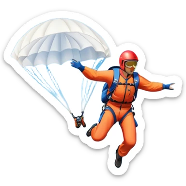 A base jumper soaring through the air, parachute deployed, flying off a steep mountain peak. The background is filled with majestic mountains, clear blue sky, and distant clouds, capturing the exhilarating thrill and beauty of extreme sports. sticker