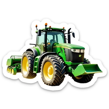 John Deere 6155M (2020) – Cinematic-realistic John Deere 6155M tractor, its iconic green and yellow body rolling across vast Australian farmlands. The powerful engine hums as it tows a massive plow, cutting through golden fields under a clear blue sky, dust rising in its wake. sticker