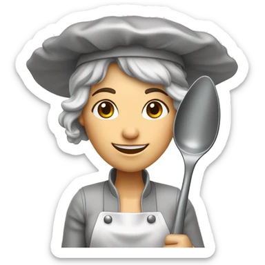 A full scale lady with a cooking hat and giant cooking spoon her hair is grey, and she stands in front of the camera and smiles sticker