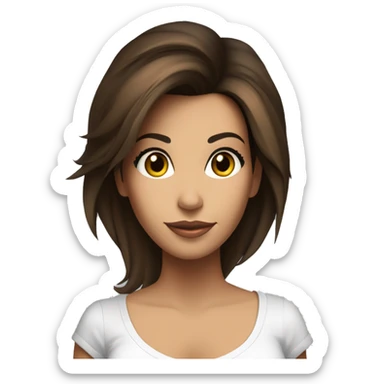 3/4 face, contrasted, shadow, light, Eva Longoria expression, standing, thin nose, brunette woman, hazel eyes, long eyelashes, dark shoulder shaded hair, white t-shirt, jeans, white sneakers sticker