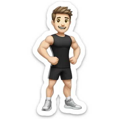 Joyful Celebrating victory Pale skinned Fit Man With the biceps and dark brown hair in black shirt, gray sports shorts and white Sneakers sticker