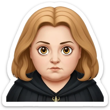 Alecto Carrow in harry potter, a woman fat, light brown tied hair, look evil, black cloak sticker