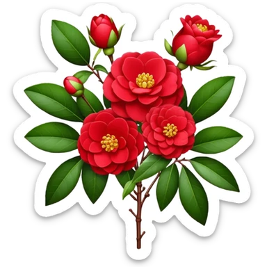 bouquet Red Camellia, luxuriant, stem, leaf, bud sticker