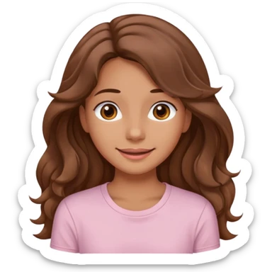 A pretty girl with tan skin and long brown wavy hair, wearing a very light pink basic shirt with brown eyes and a closed mouth smile sticker